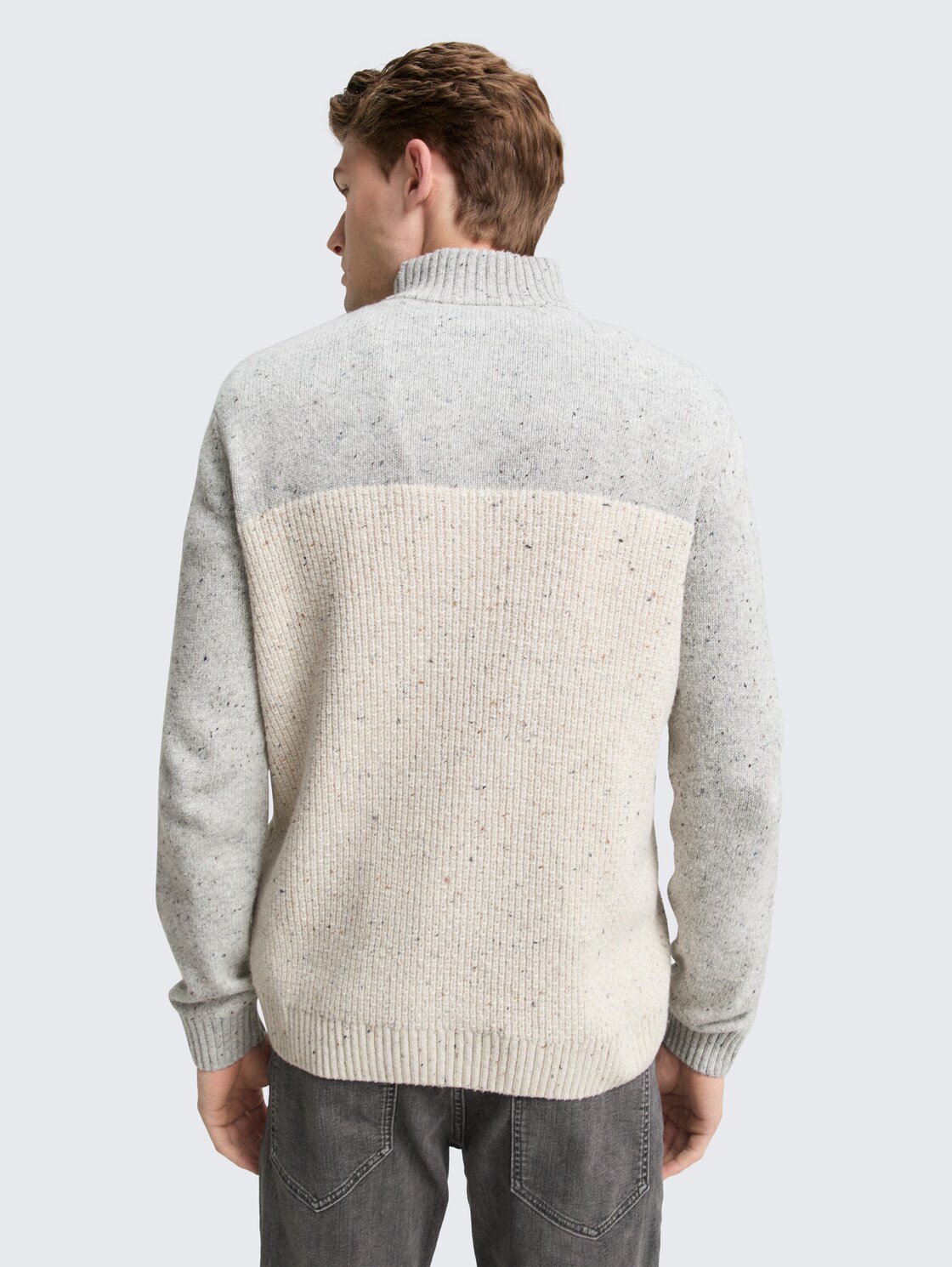 Thumbnail - TOM TAILOR Herren Troyer Strickpullover mit Strukturmix, weiß, Colour Blocking, Gr. M