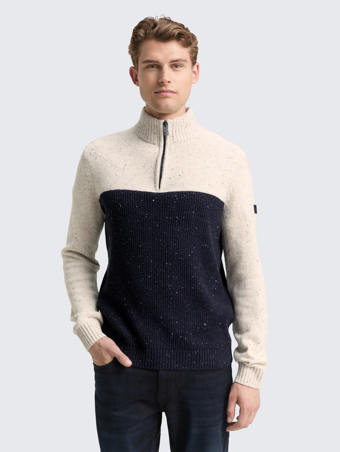 Thumbnail - TOM TAILOR Herren Troyer Strickpullover mit Strukturmix, weiß, Colour Blocking, Gr. XXXL