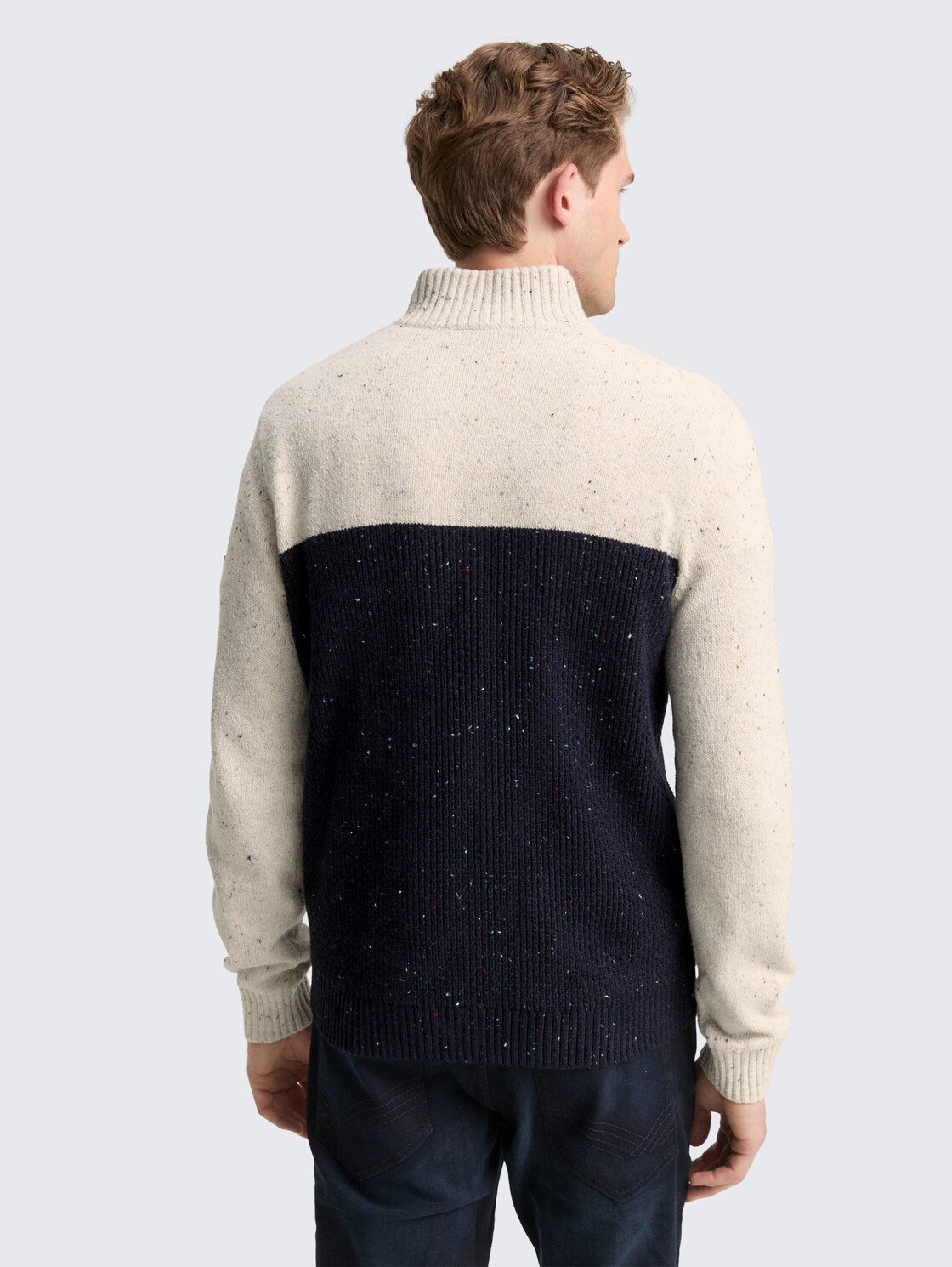 Thumbnail - TOM TAILOR Herren Troyer Strickpullover mit Strukturmix, weiß, Colour Blocking, Gr. XXXL