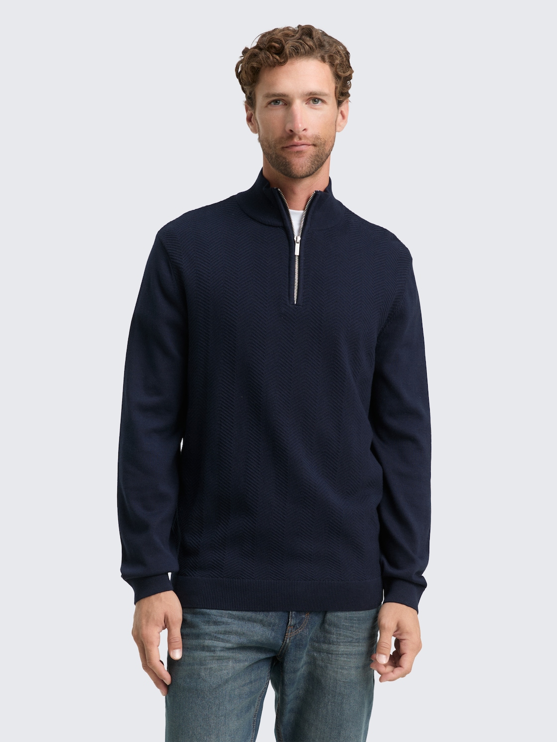 Thumbnail - TOM TAILOR Herren Troyer Strickpullover mit Fischgrät-Struktur, blau, Uni, Gr. S