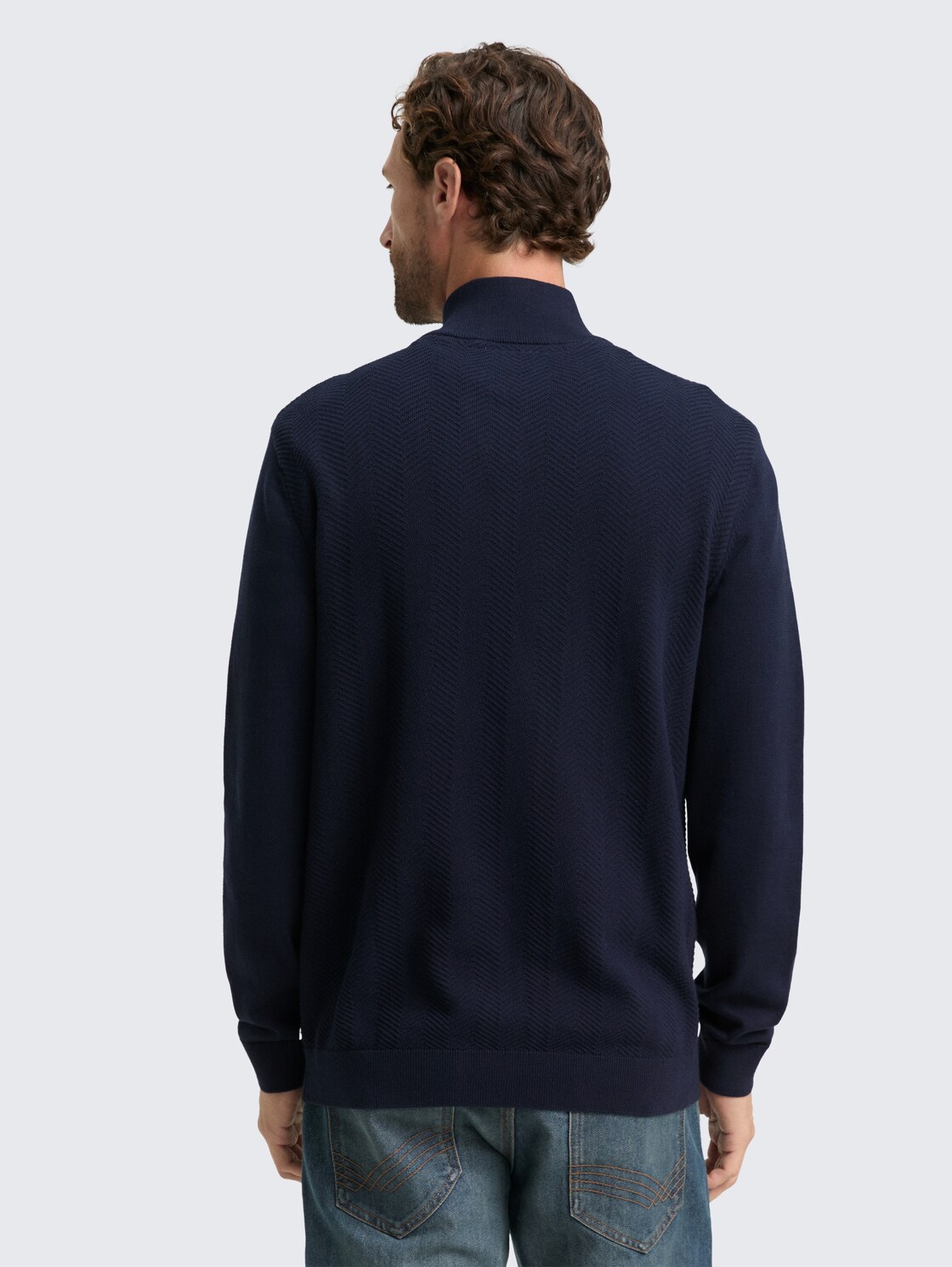 Thumbnail - TOM TAILOR Herren Troyer Strickpullover mit Fischgrät-Struktur, blau, Uni, Gr. S