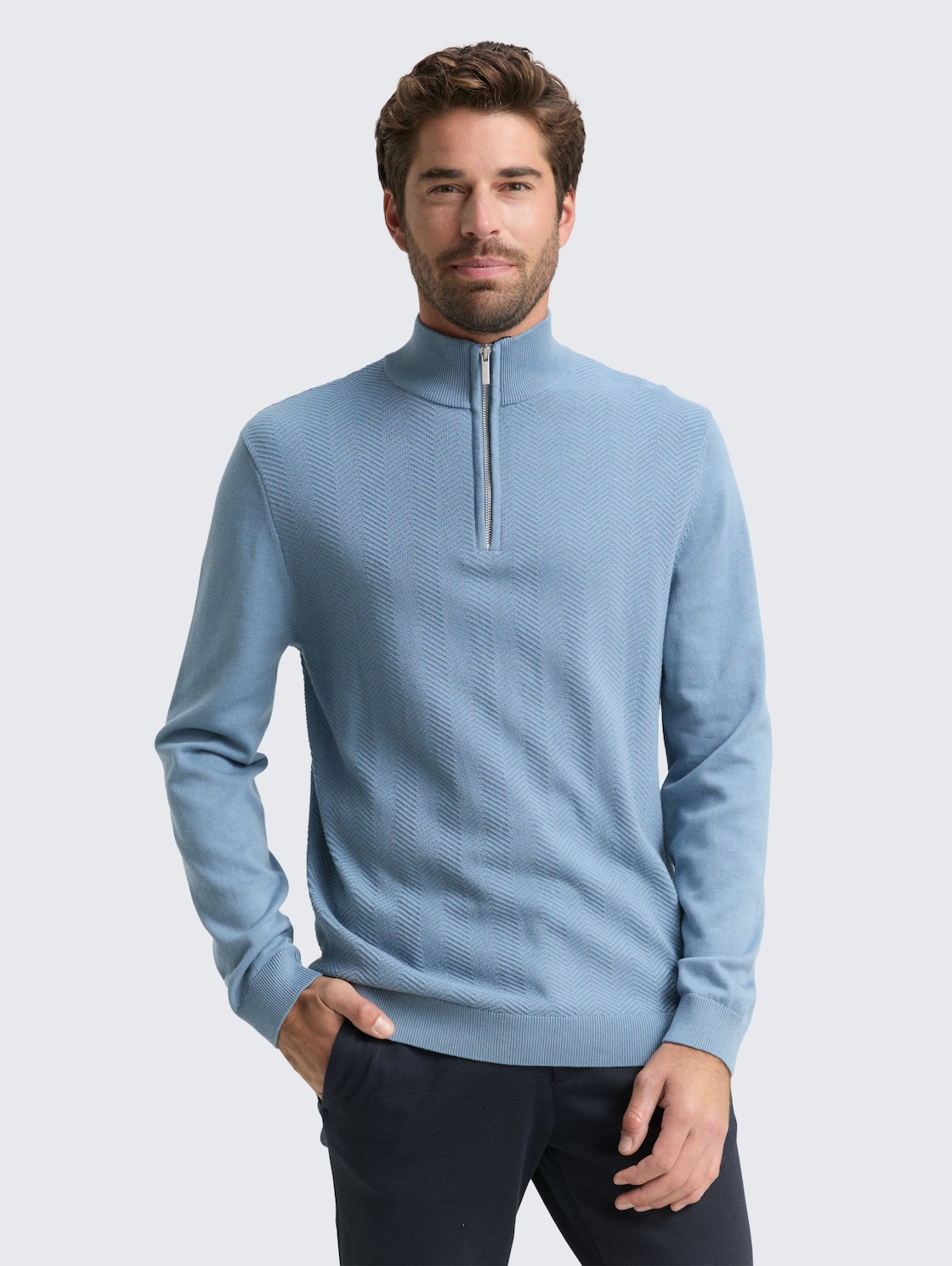 Thumbnail - TOM TAILOR Herren Troyer Strickpullover mit Fischgrät-Struktur, blau, Uni, Gr. S