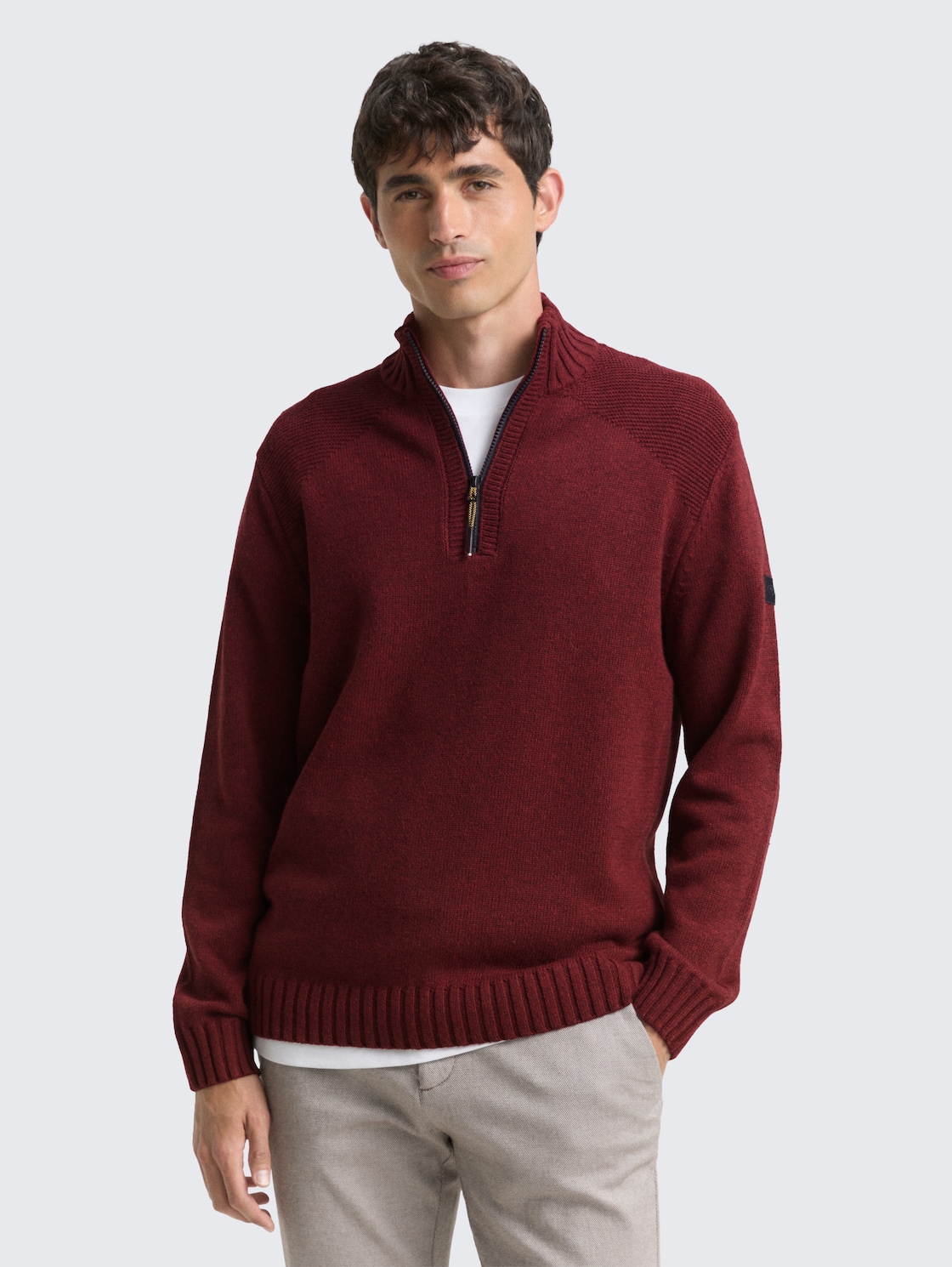 Thumbnail - TOM TAILOR Herren Troyer Strickpullover mit Ripp-Details, rot, Meliert, Gr. XXL
