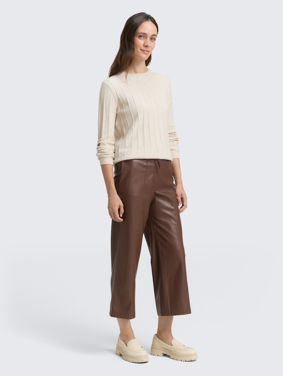 Thumbnail - TOM TAILOR Damen Culotte Hose in Lederoptik, braun, Uni, Gr. 44/28