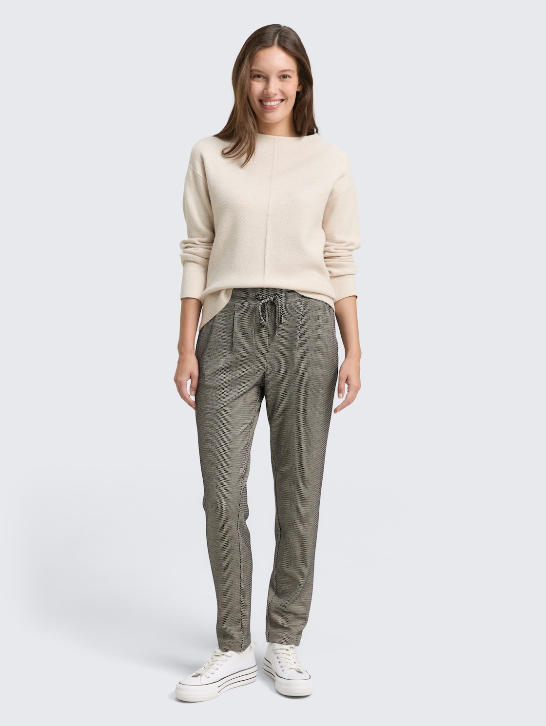 Thumbnail - TOM TAILOR Damen Loose Slim Jacquard Hose mit Kordelzug, schwarz, Gemustert, Gr. 38/30