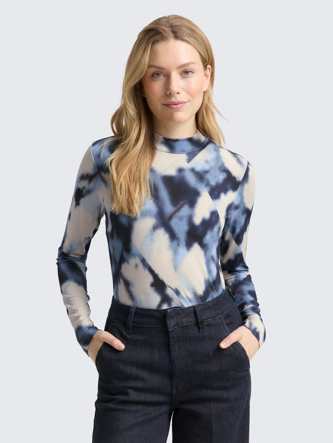 Thumbnail - TOM TAILOR Damen Slim Fit Langarmshirt mit Muster, blau, Gemustert, Gr. M