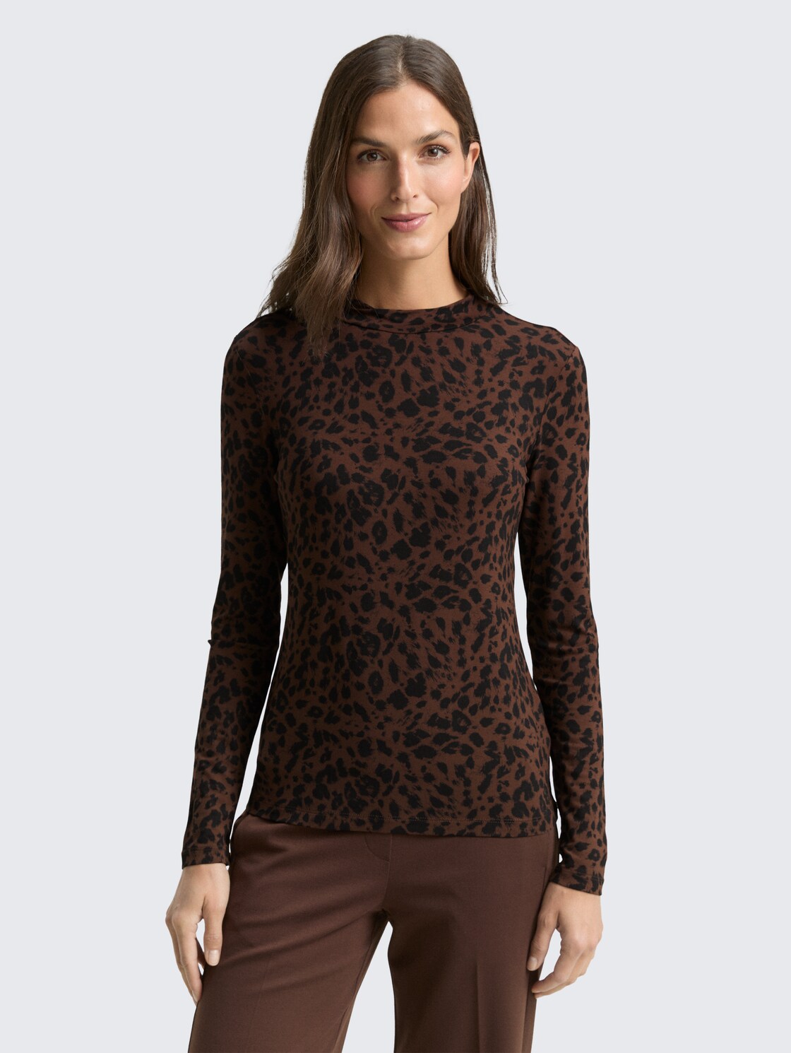 Thumbnail - TOM TAILOR Damen Slim Fit Langarmshirt mit Muster, braun, Animalprint, Gr. XXXL