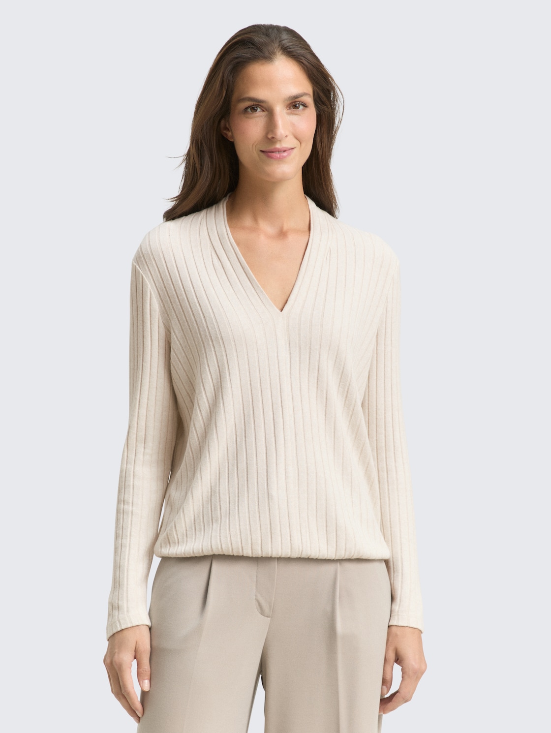 Thumbnail - TOM TAILOR Damen Cosy Langarmshirt mit V-Ausschnitt, beige, Meliert, Gr. XXXL