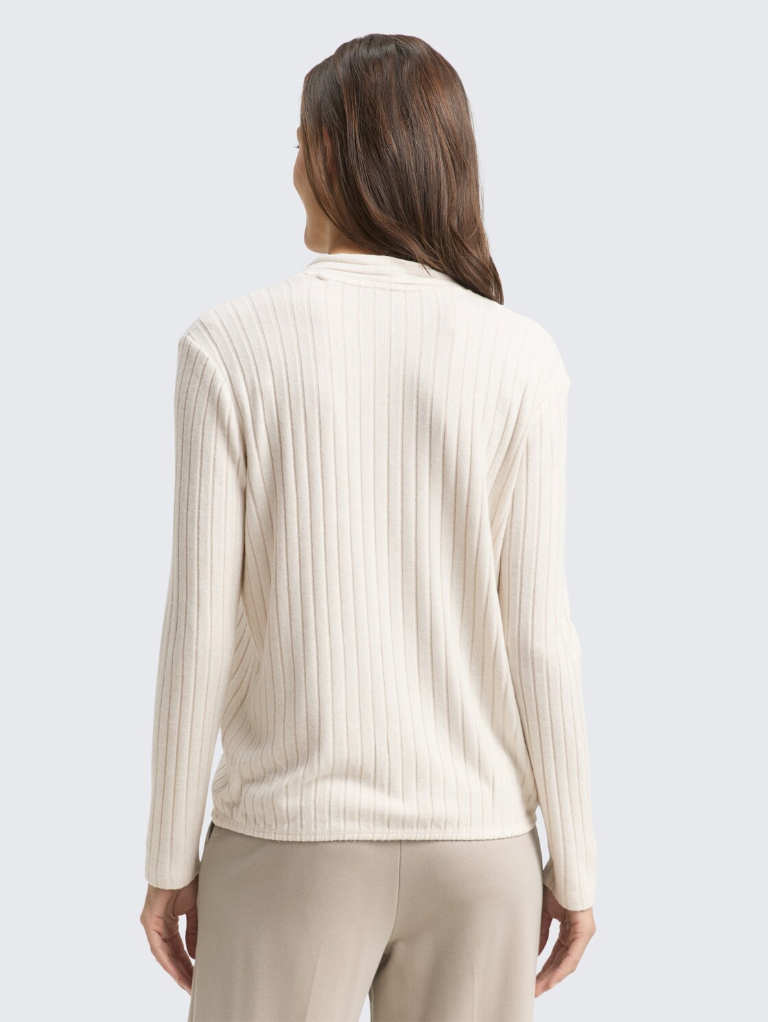 Thumbnail - TOM TAILOR Damen Cosy Langarmshirt mit V-Ausschnitt, beige, Meliert, Gr. XXXL