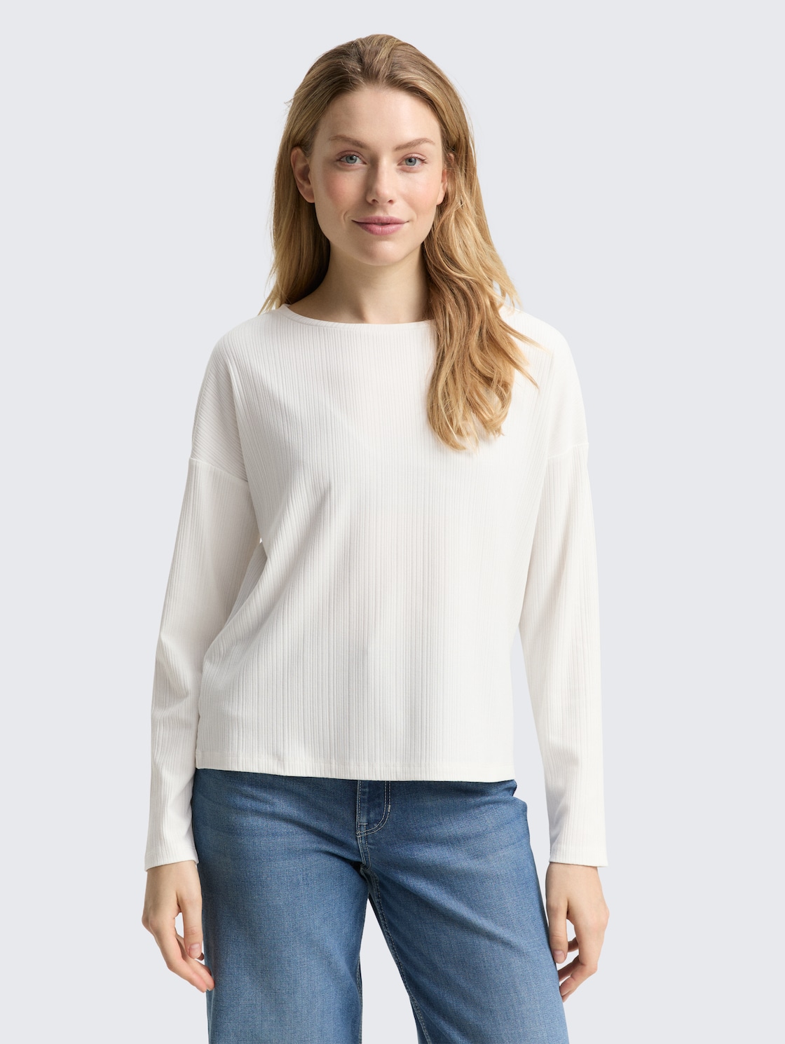Thumbnail - TOM TAILOR Damen Loose Fit Langarmshirt mit Rippstruktur, weiß, Uni, Gr. XXL
