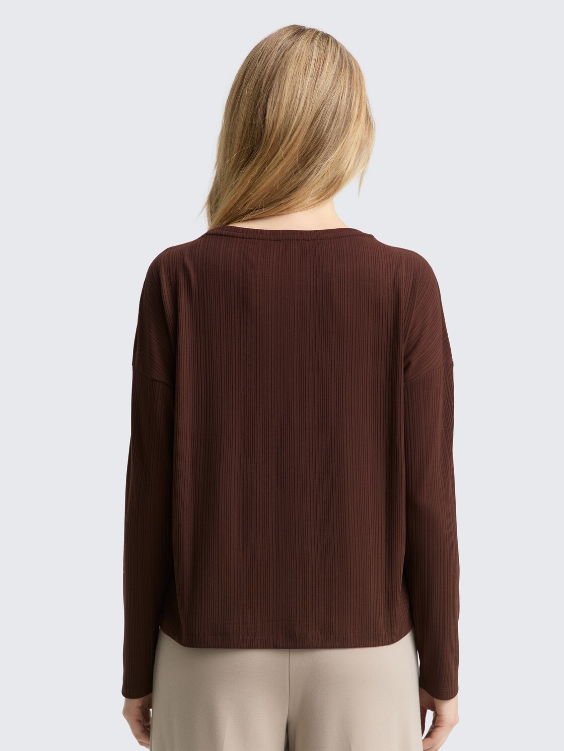 Thumbnail - TOM TAILOR Damen Loose Fit Langarmshirt mit Rippstruktur, braun, Uni, Gr. M