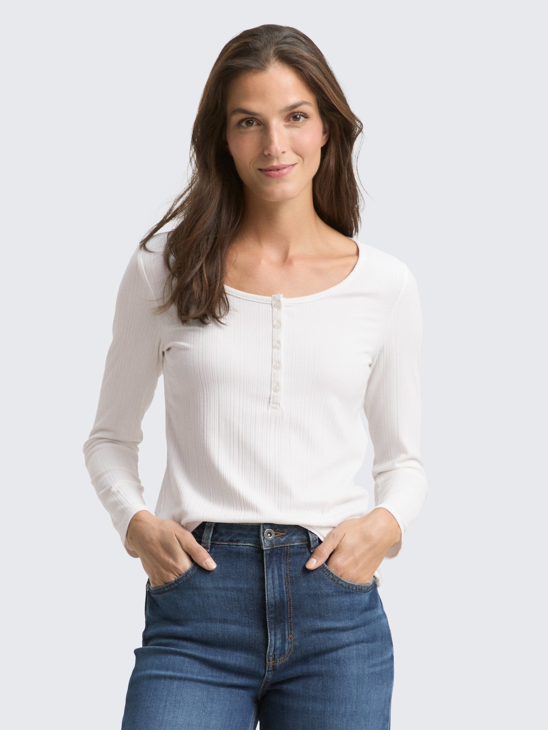Thumbnail - TOM TAILOR Damen Slim Fit Henley Langarmshirt, weiß, Uni, Gr. S