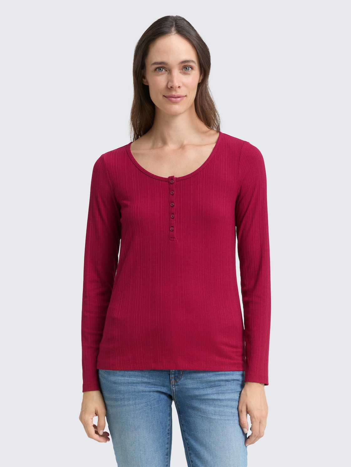 Thumbnail - TOM TAILOR Damen Slim Fit Henley Langarmshirt, rot, Uni, Gr. XXXL
