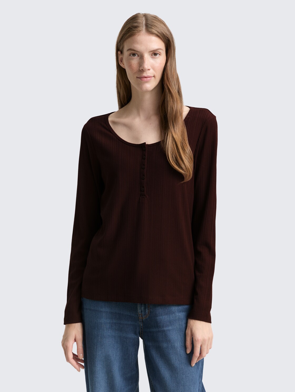 Thumbnail - TOM TAILOR Damen Slim Fit Henley Langarmshirt, braun, Uni, Gr. M