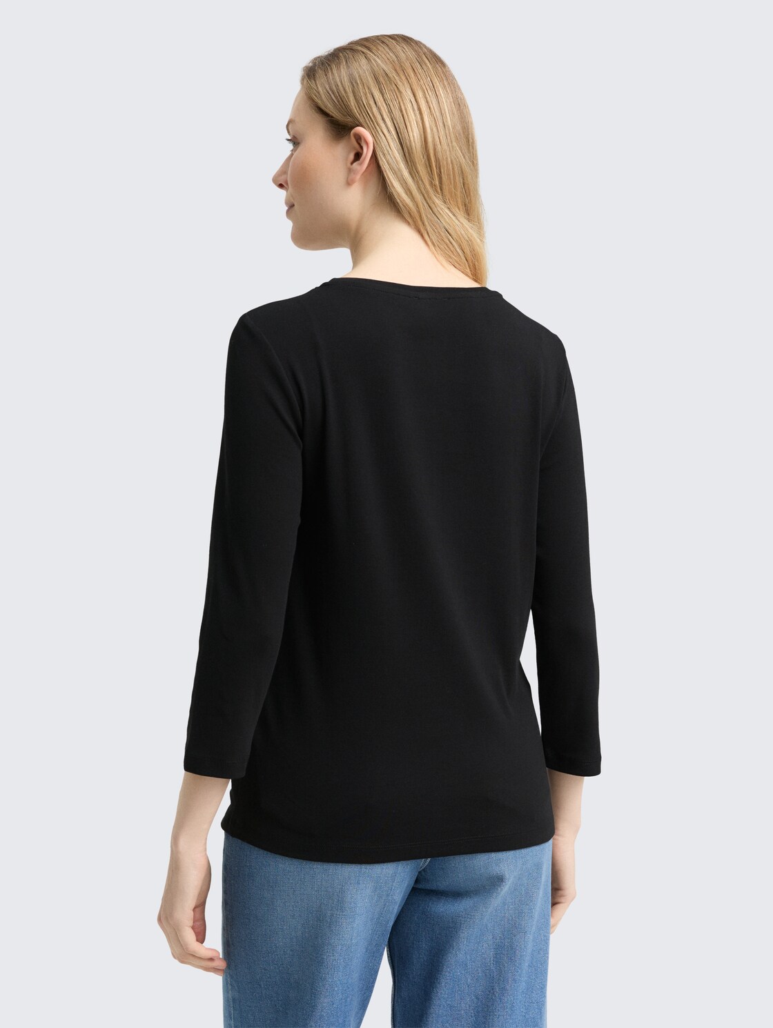 Thumbnail - TOM TAILOR Damen Slim Fit Langarmshirt mit Glitzer-Logo, schwarz, Uni, Gr. XS