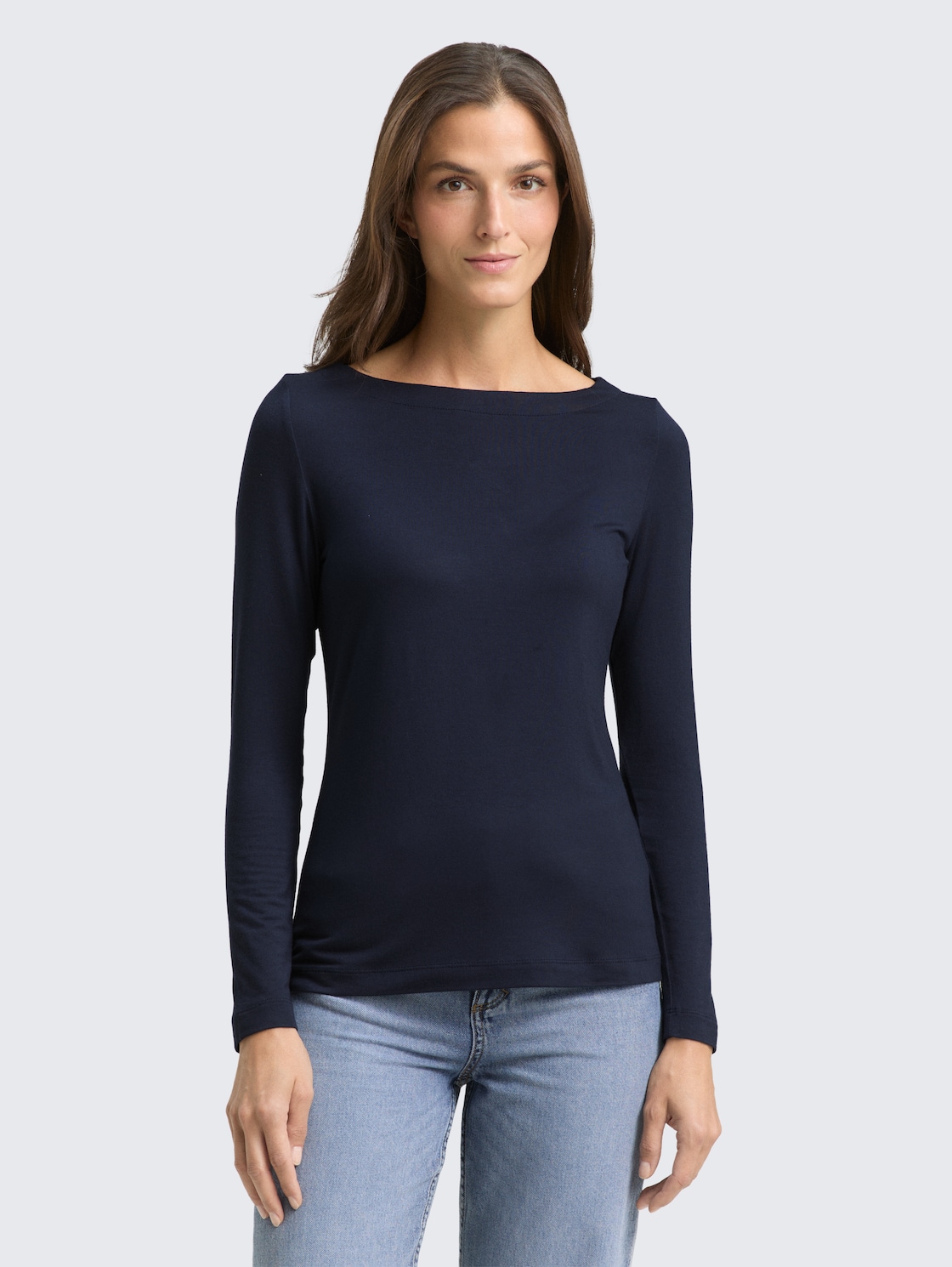 Thumbnail - TOM TAILOR Damen Slim Fit Langarmshirt mit U-Boot-Ausschnitt, blau, Uni, Gr. XXXL