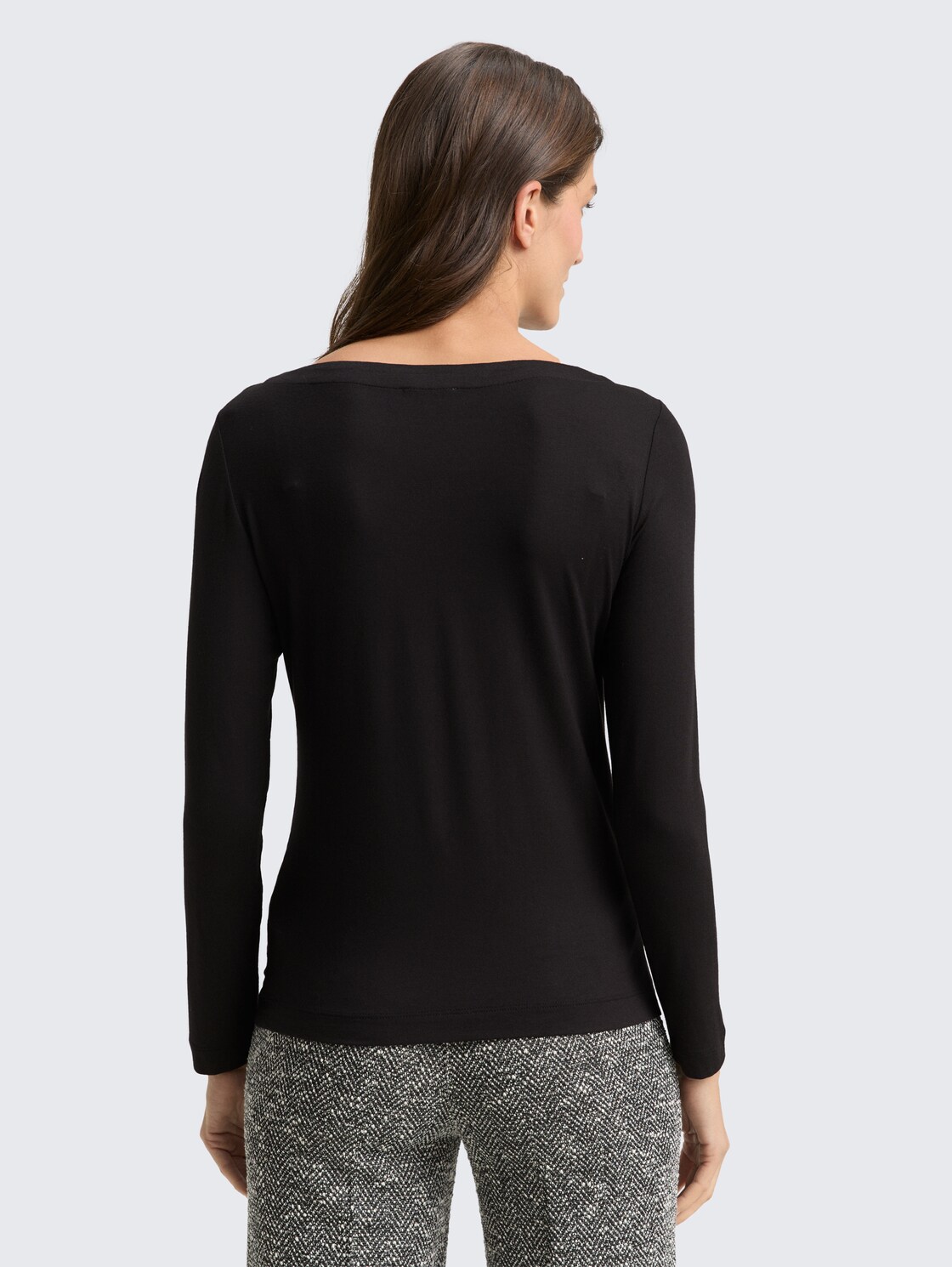 Thumbnail - TOM TAILOR Damen Slim Fit Langarmshirt mit U-Boot-Ausschnitt, schwarz, Uni, Gr. L