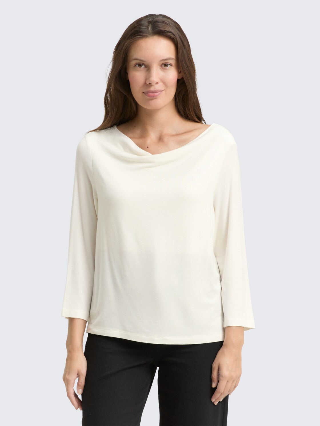 Thumbnail - TOM TAILOR Damen Langarmshirt mit Wasserfallkragen, weiß, Uni, Gr. S