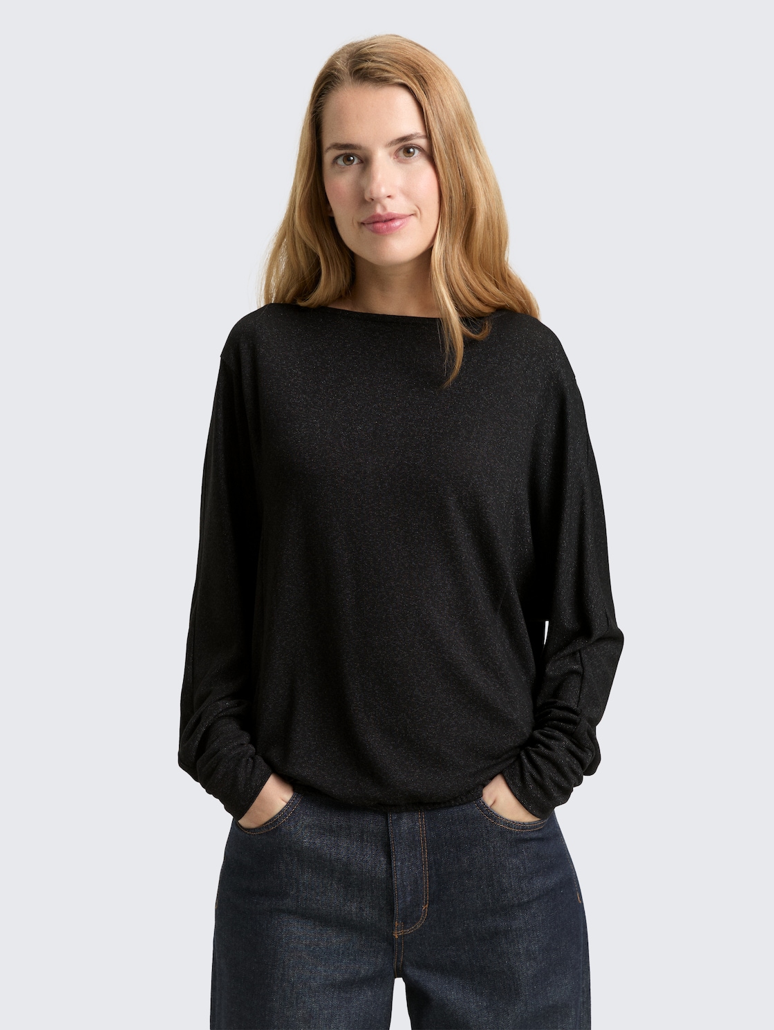 Thumbnail - TOM TAILOR Damen Loose Fit Langarmshirt mit Glitzer-Effekt, schwarz, Uni, Gr. L