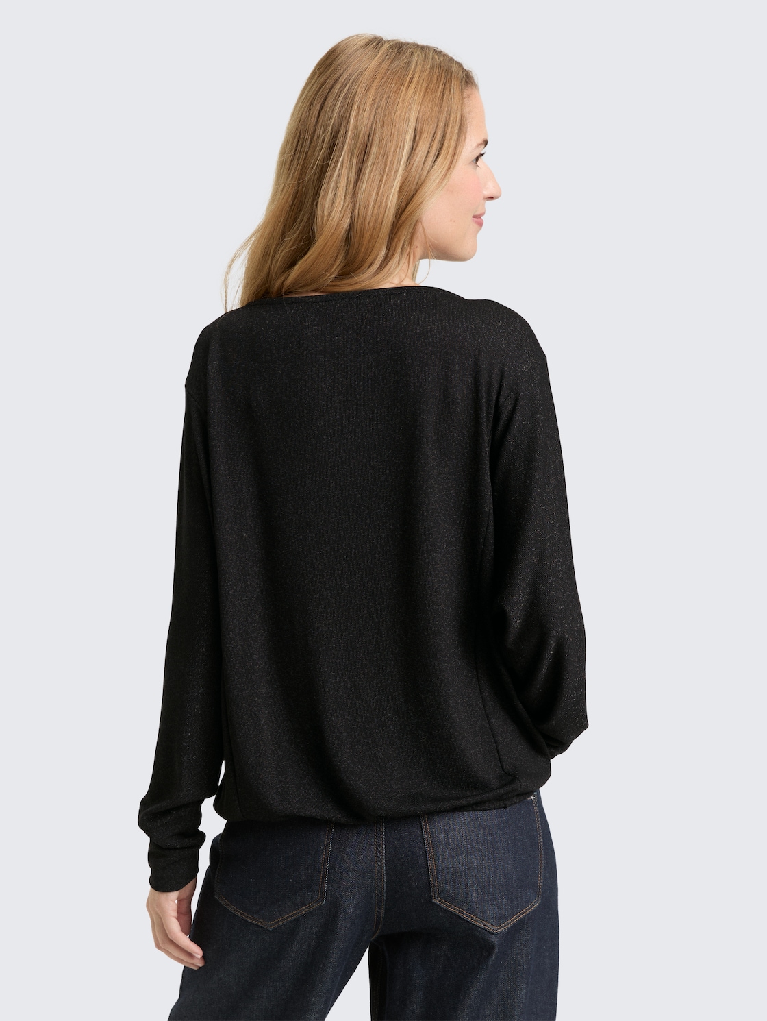 Thumbnail - TOM TAILOR Damen Loose Fit Langarmshirt mit Glitzer-Effekt, schwarz, Uni, Gr. L