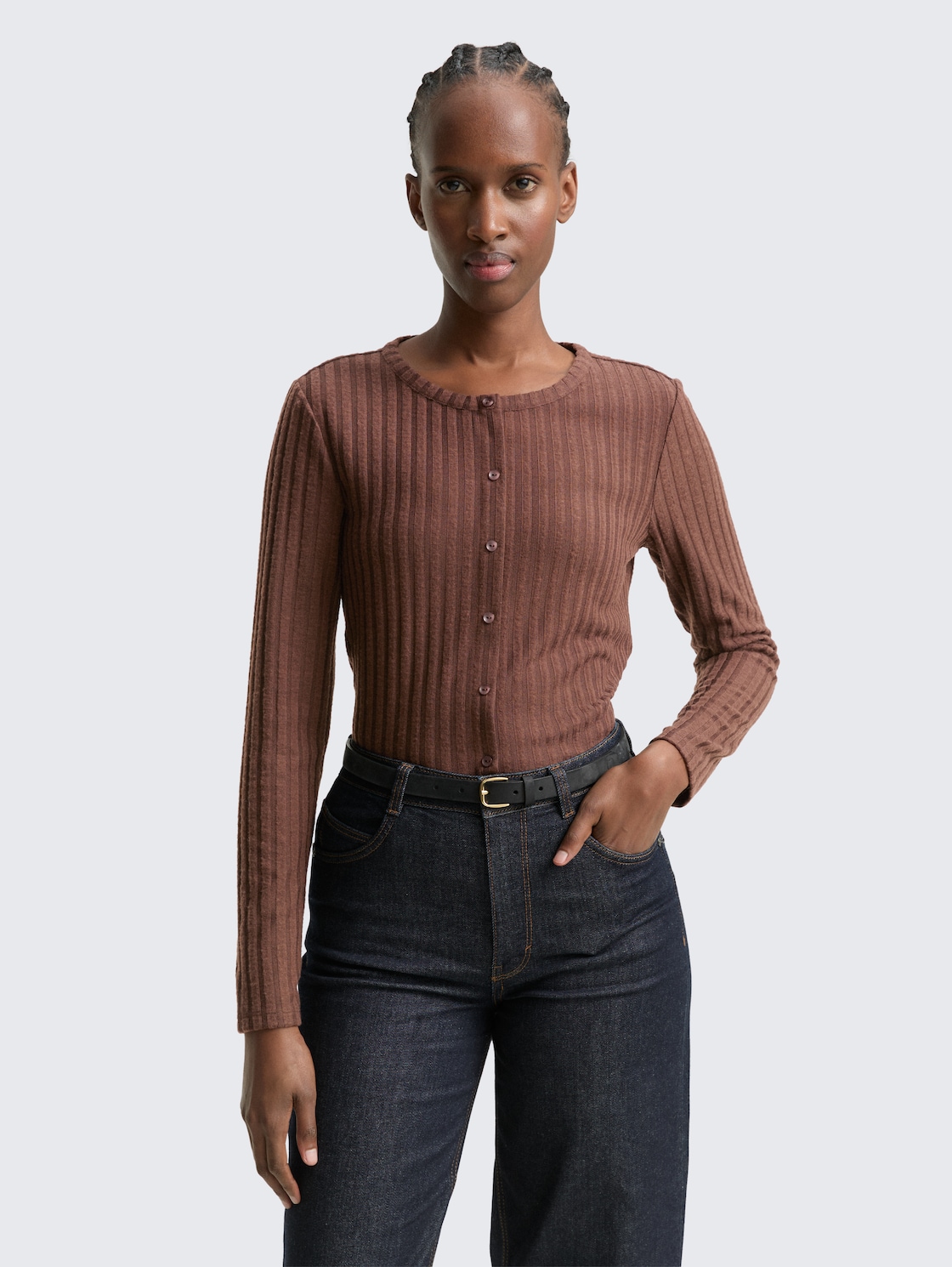 Thumbnail - TOM TAILOR DENIM Damen Slim Fit Langarmshirt mit Deko-Knopfleiste, braun, Uni, Gr. XXL