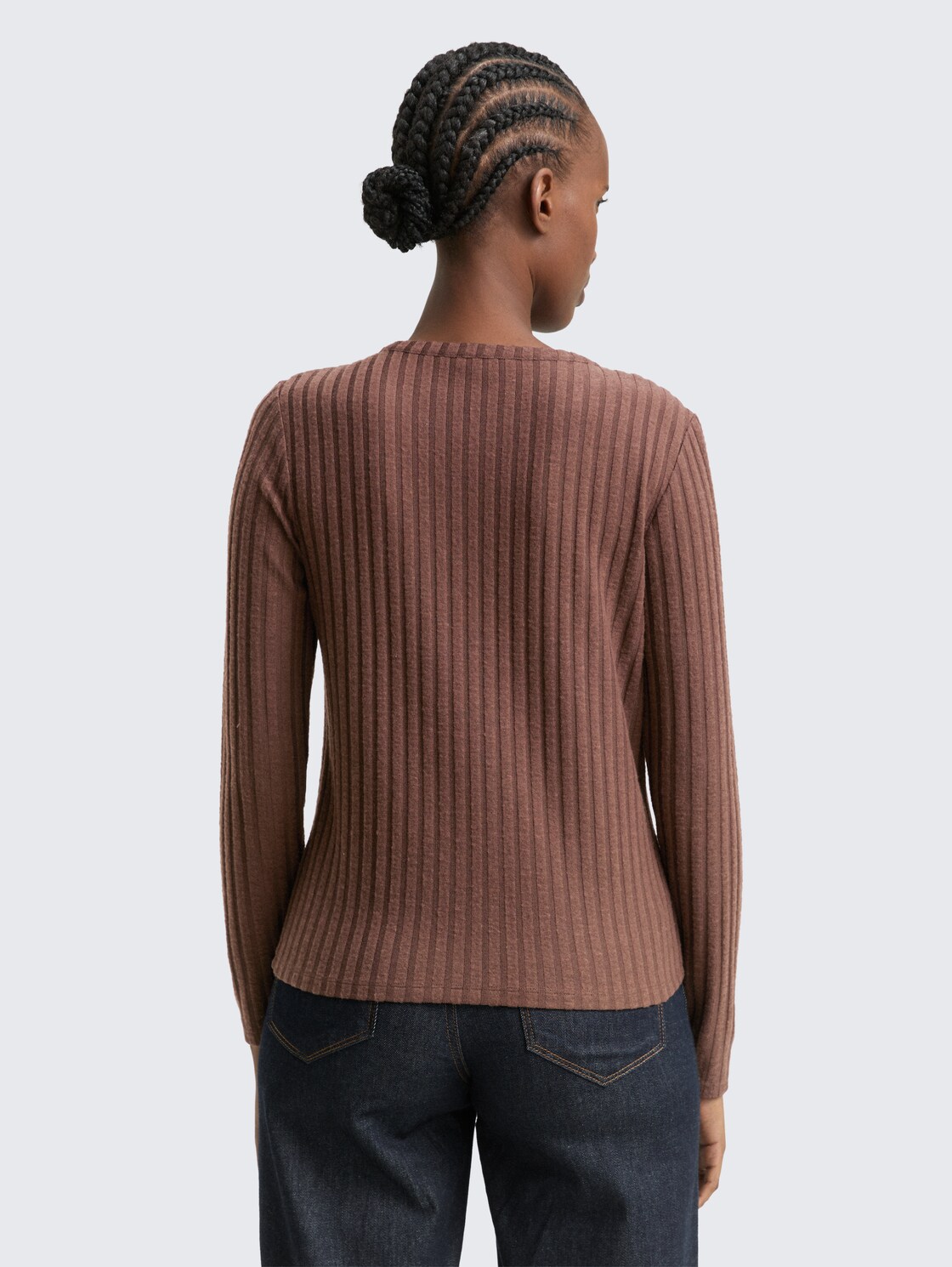 Thumbnail - TOM TAILOR DENIM Damen Slim Fit Langarmshirt mit Deko-Knopfleiste, braun, Uni, Gr. XXL