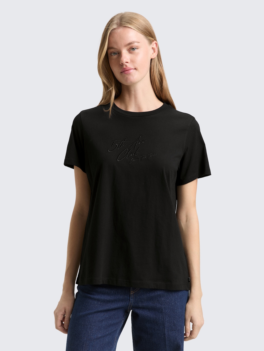 Thumbnail - TOM TAILOR DENIM Damen Loose Fit T-Shirt mit Glitzer-Stickerei, schwarz, Uni, Gr. M