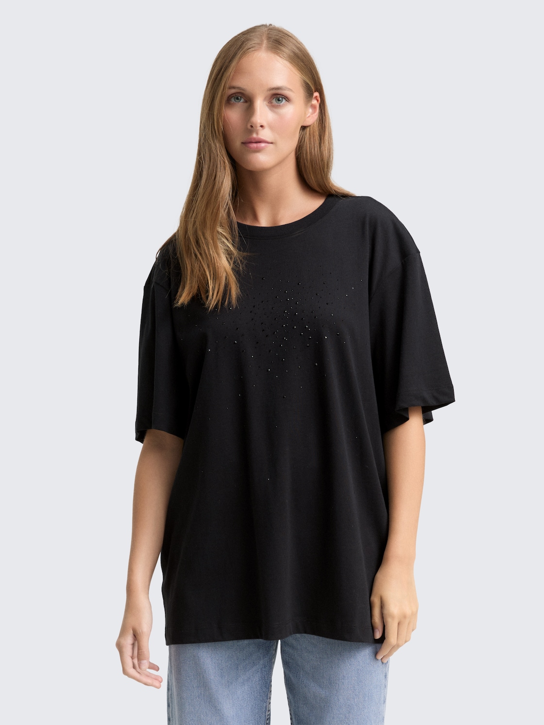Thumbnail - TOM TAILOR DENIM Damen Oversize T-Shirt mit Strasssteinen, schwarz, Uni, Gr. M