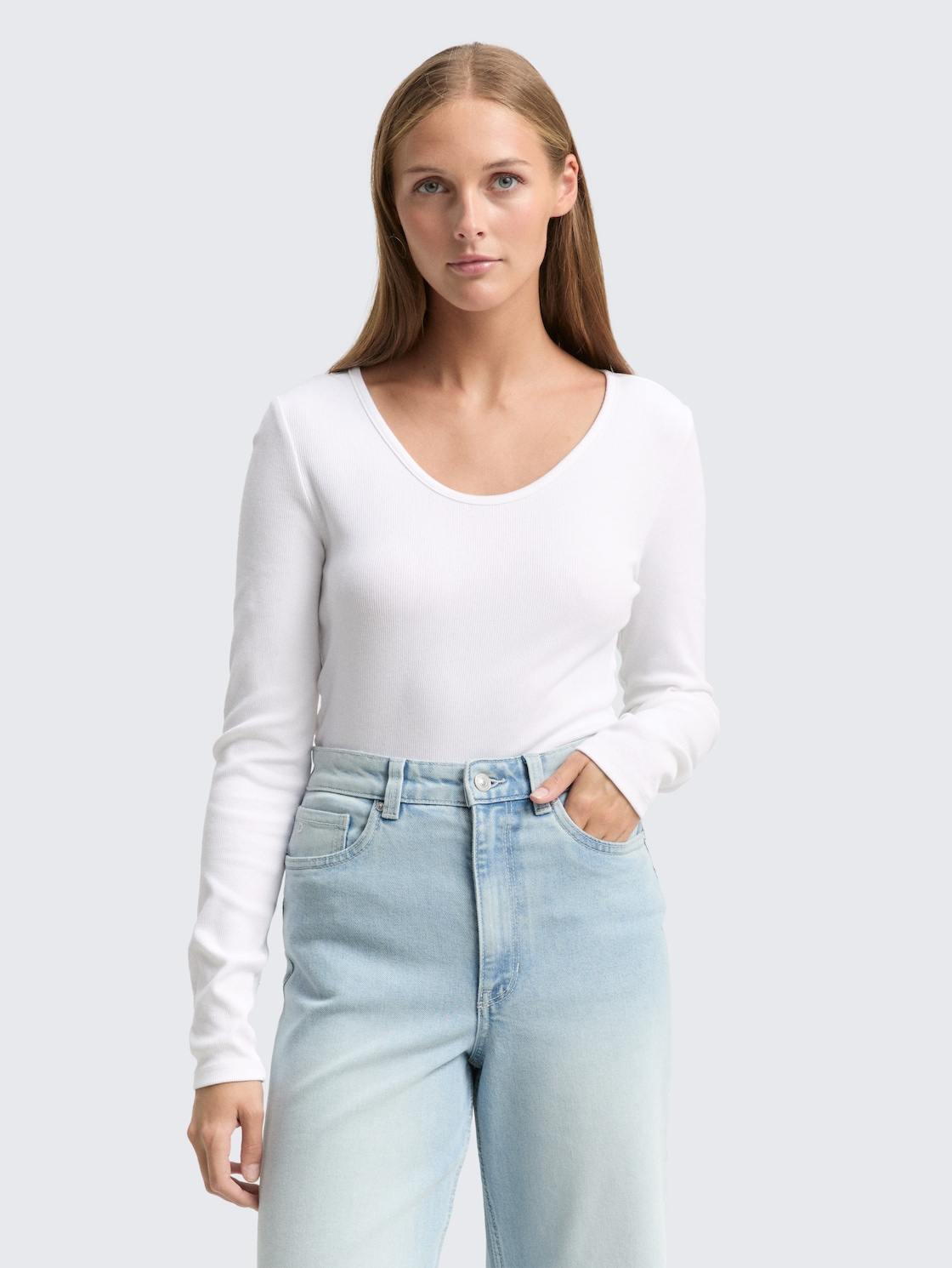 Thumbnail - TOM TAILOR DENIM Damen Slim Fit Langarmshirt mit Rippstruktur, weiß, Uni, Gr. L