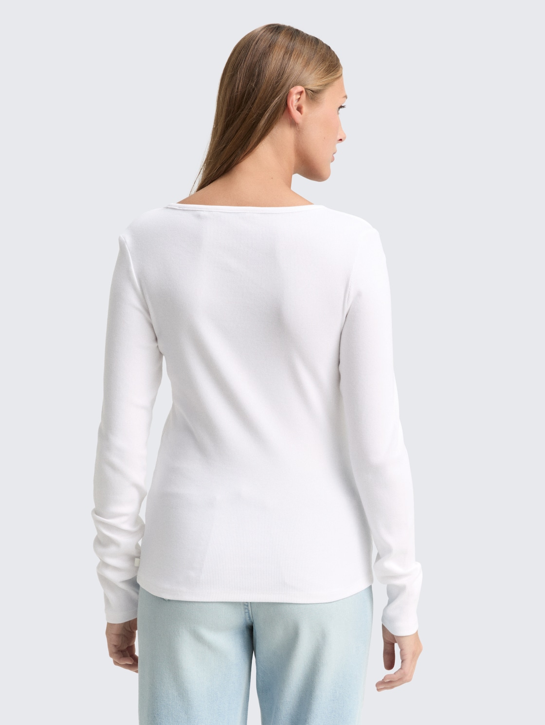 Thumbnail - TOM TAILOR DENIM Damen Slim Fit Langarmshirt mit Rippstruktur, weiß, Uni, Gr. L