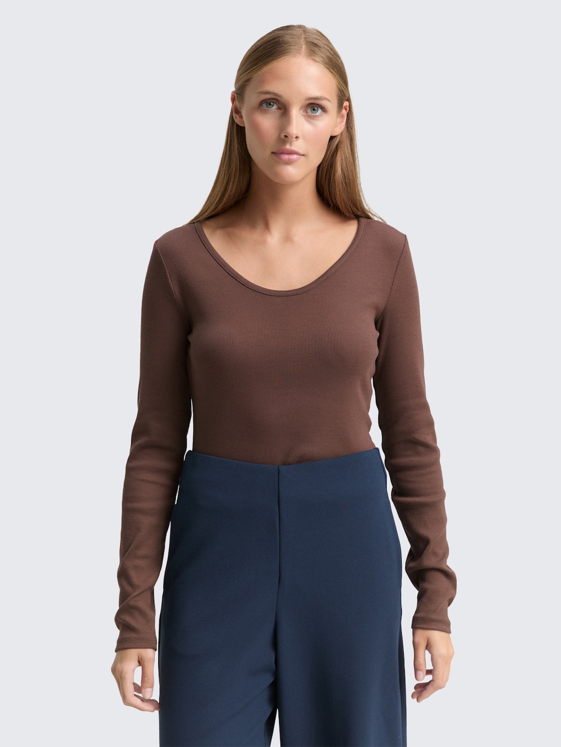 Thumbnail - TOM TAILOR DENIM Damen Slim Fit Langarmshirt mit Rippstruktur, braun, Uni, Gr. M