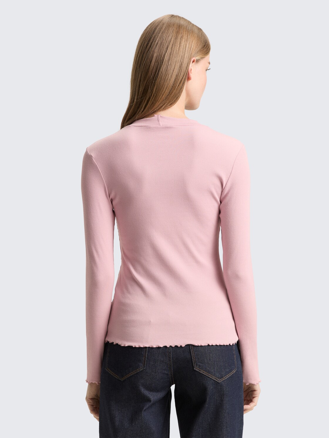 Thumbnail - TOM TAILOR DENIM Damen Slim Fit Langarmshirt mit Rippstruktur, rosa, Uni, Gr. XS