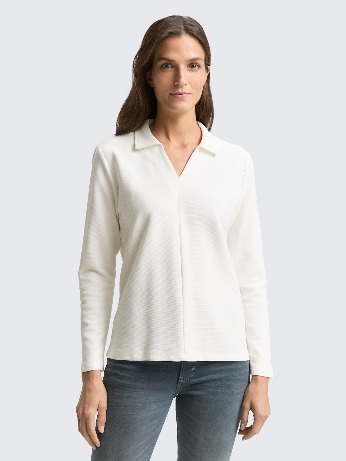 Thumbnail - TOM TAILOR Damen Langarmshirt mit Polokragen, weiß, Uni, Gr. XS