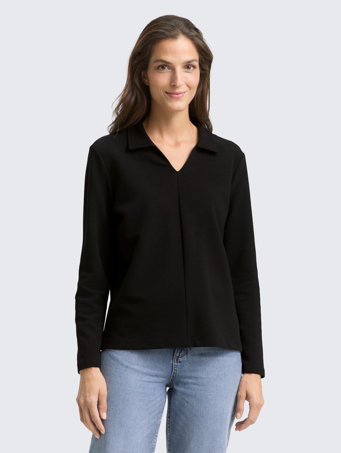 Thumbnail - TOM TAILOR Damen Langarmshirt mit Polokragen, schwarz, Uni, Gr. XXL
