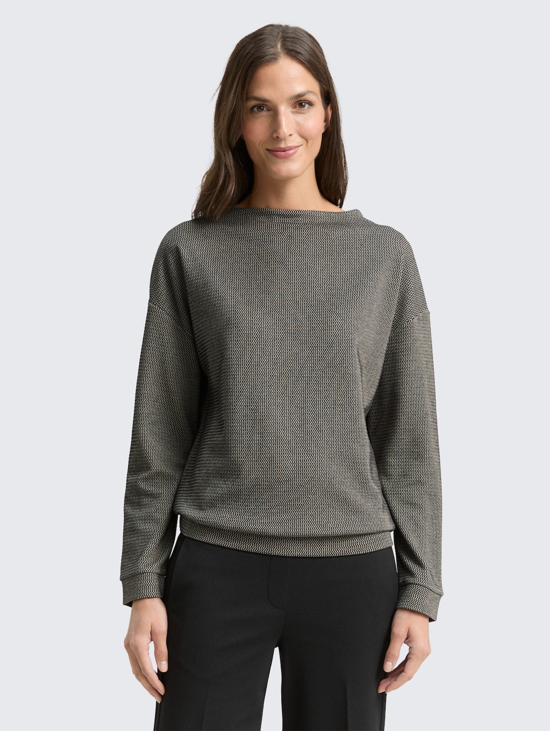 Thumbnail - TOM TAILOR Damen Loose Fit Sweatshirt mit Stehkragen, schwarz, Gemustert, Gr. XL