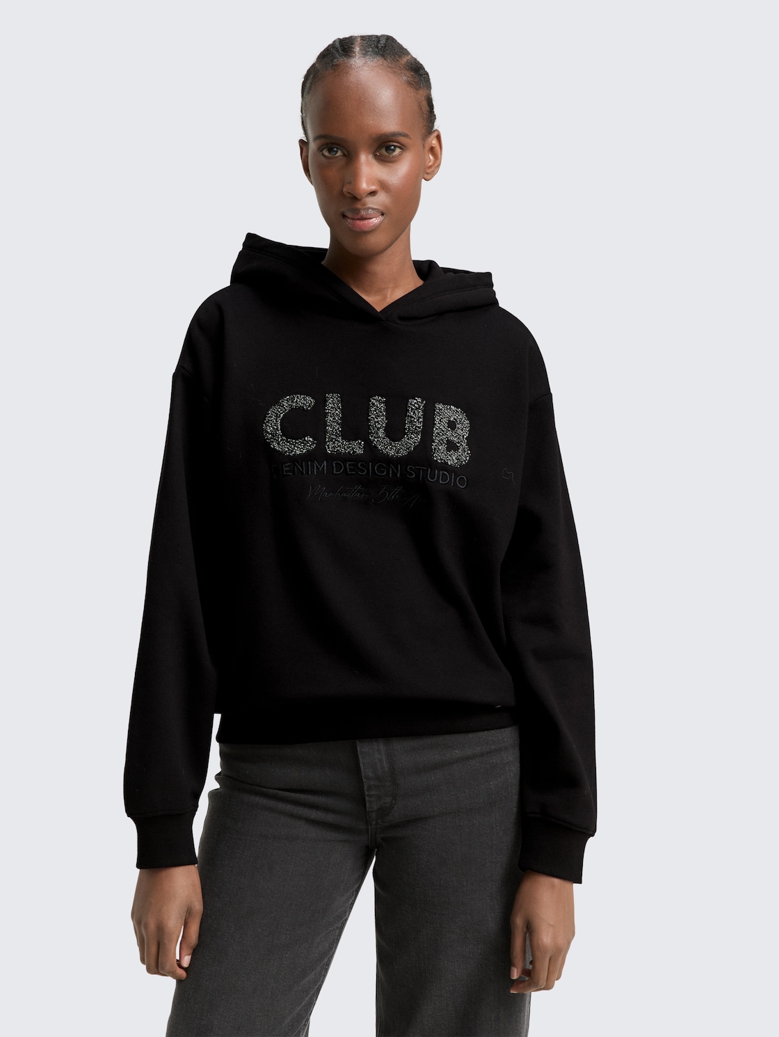 Thumbnail - TOM TAILOR DENIM Damen Oversize Hoodie Sweatshirt mit Glitzer-Applikation, schwarz, Uni, Gr. M