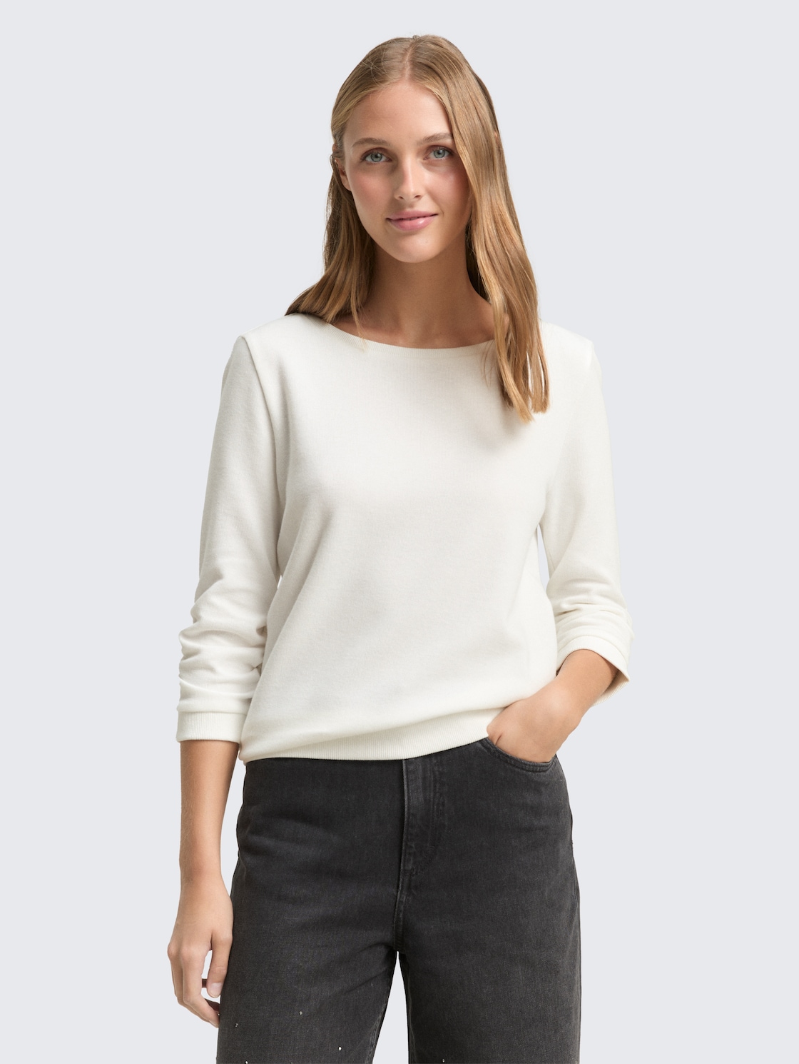 Thumbnail - TOM TAILOR DENIM Damen Fitted Sweatshirt mit Raffungen, weiß, Uni, Gr. XS
