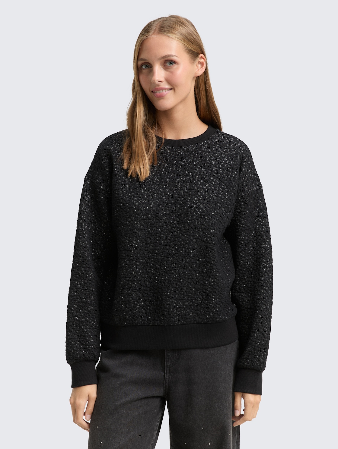 Thumbnail - TOM TAILOR DENIM Damen Sweatshirt mit Glitzer-Effekt, schwarz, Uni, Gr. L