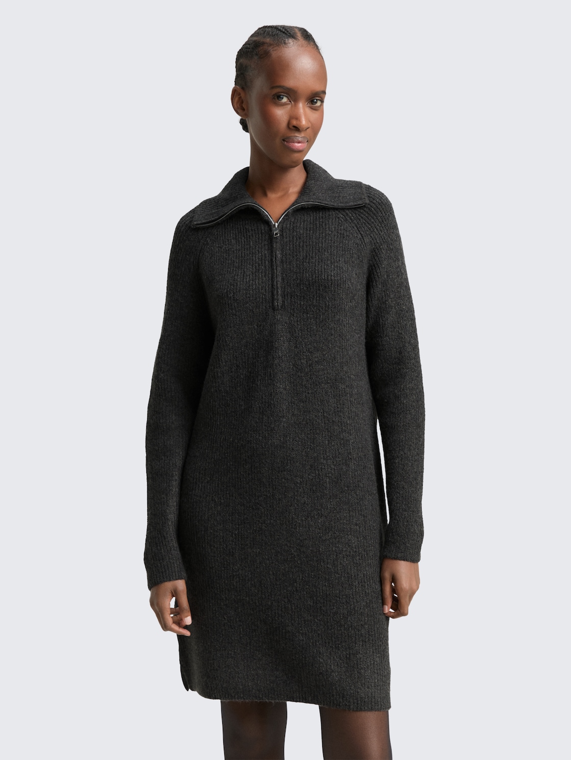 Thumbnail - TOM TAILOR DENIM Damen Mini-Kleid mit Troyer-Kragen, grau, Meliert, Gr. L