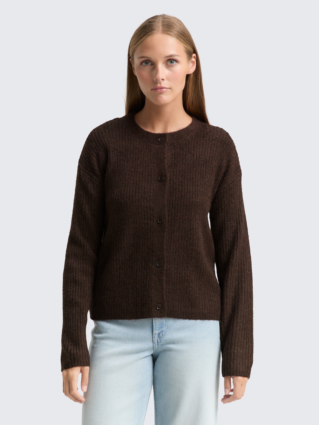 Thumbnail - TOM TAILOR DENIM Damen Cosy Cardigan mit Rundhalsausschnitt, braun, Meliert, Gr. XL
