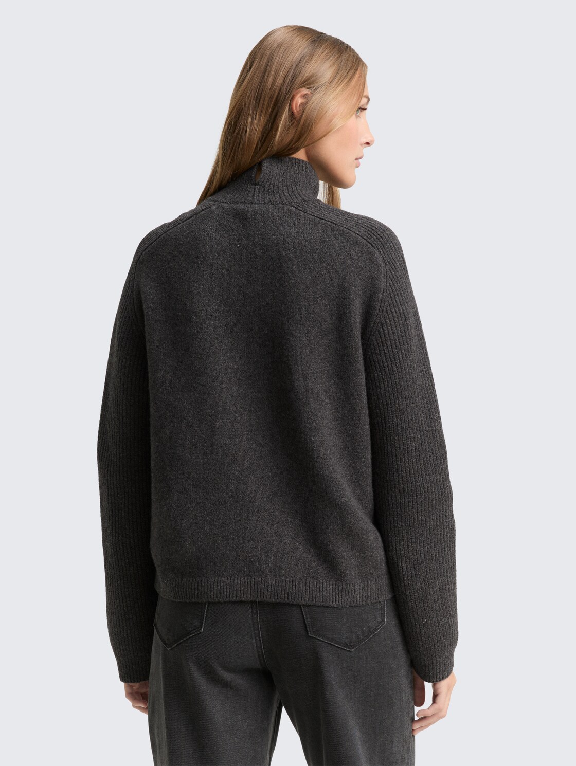 Thumbnail - TOM TAILOR DENIM Damen Relaxed Fit Strickpullover mit Stehkragen, grau, Meliert, Gr. XL