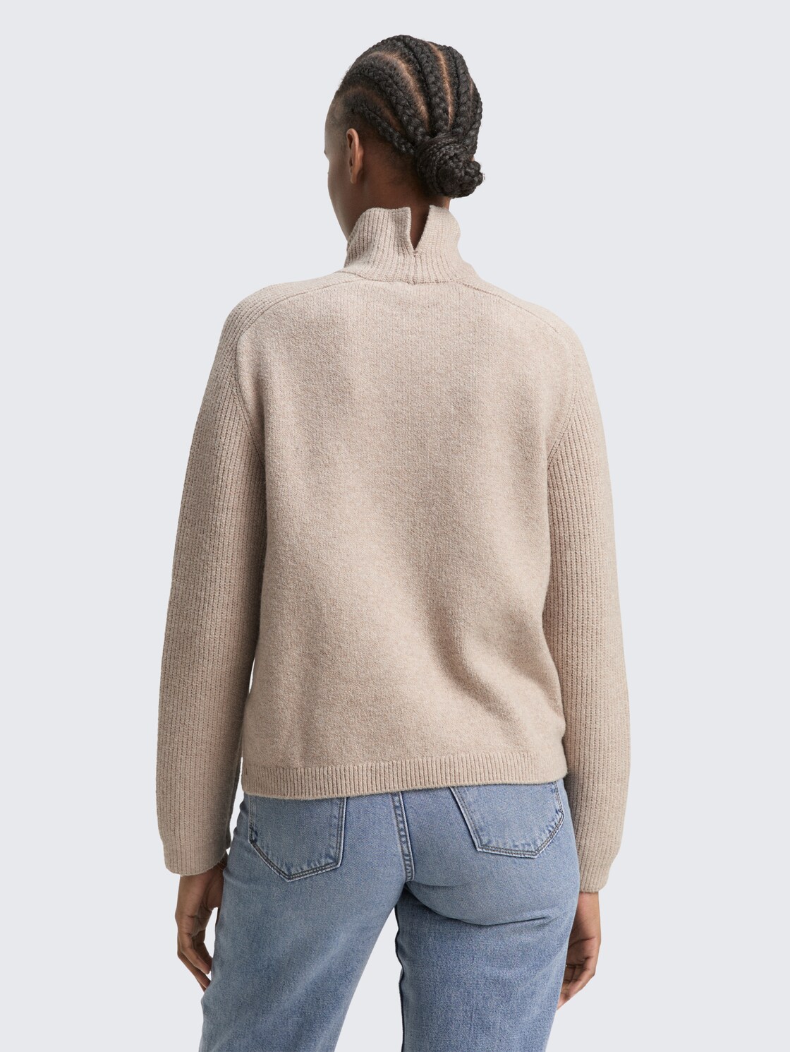 Thumbnail - TOM TAILOR DENIM Damen Relaxed Fit Strickpullover mit Stehkragen, beige, Meliert, Gr. M
