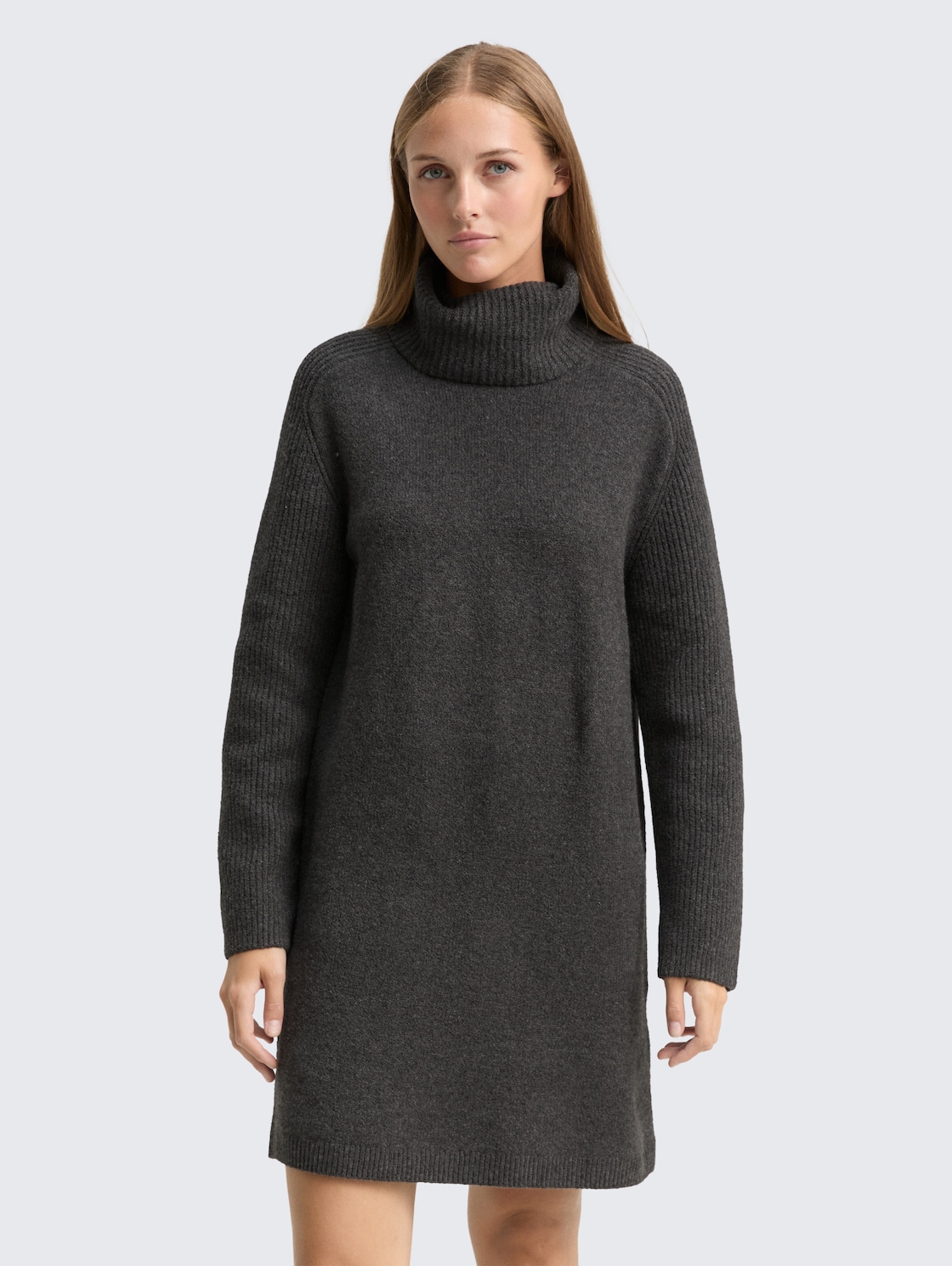 Thumbnail - TOM TAILOR DENIM Damen Mini-Kleid mit Rollkragen, grau, Meliert, Gr. M
