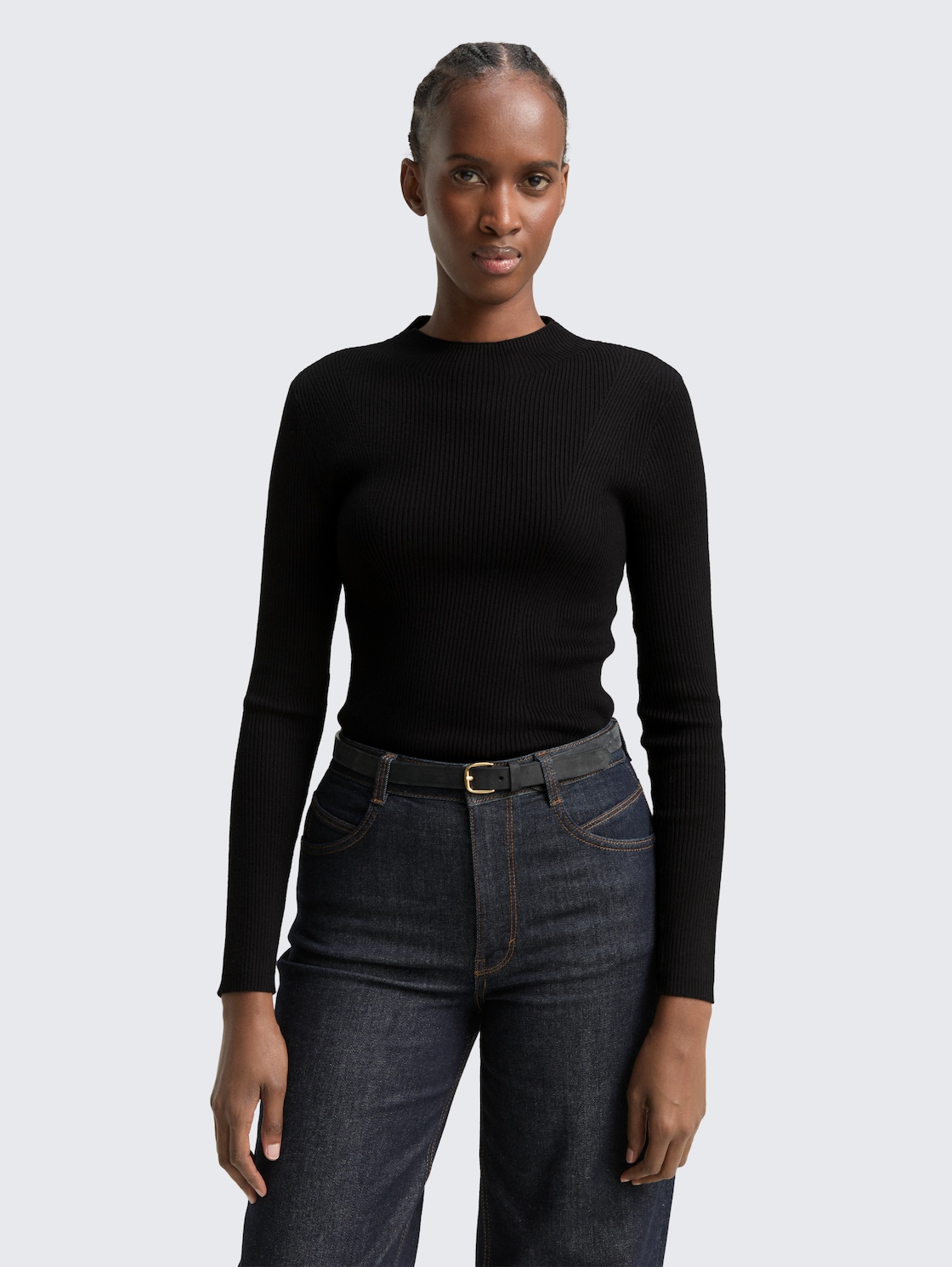Thumbnail - TOM TAILOR DENIM Damen Tight Fit Strickpullover, schwarz, Uni, Gr. L