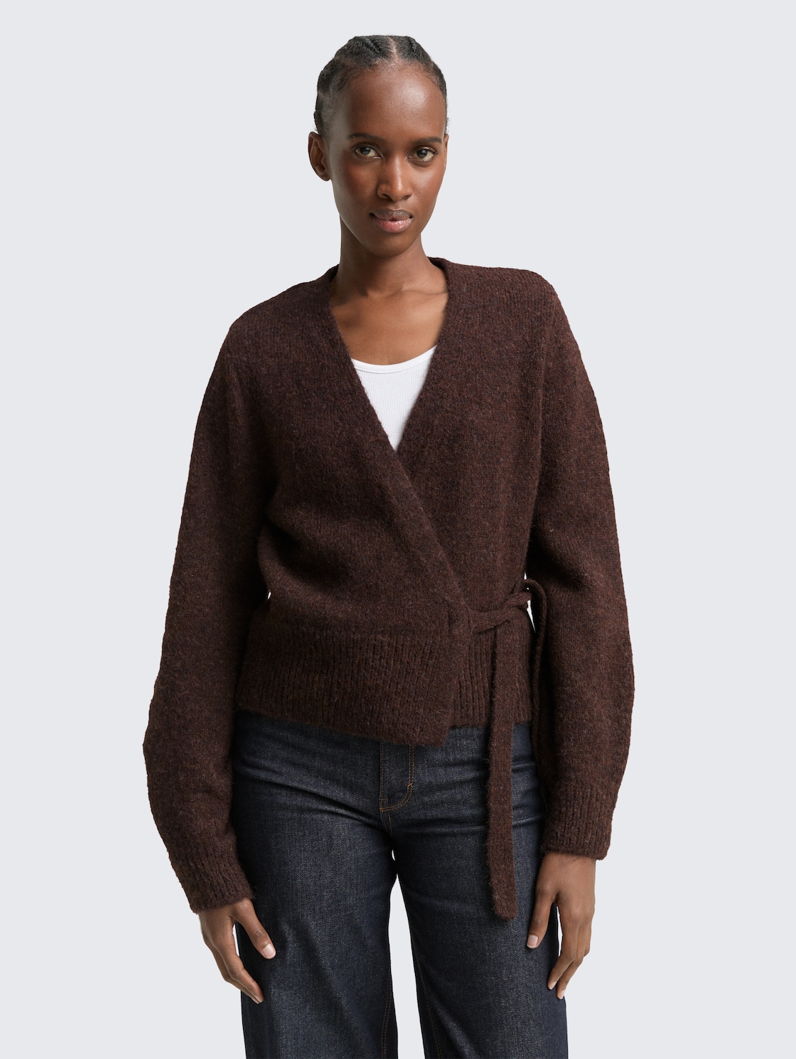Thumbnail - TOM TAILOR DENIM Damen Relaxed Fit Wrap Cardigan, braun, Meliert, Gr. S