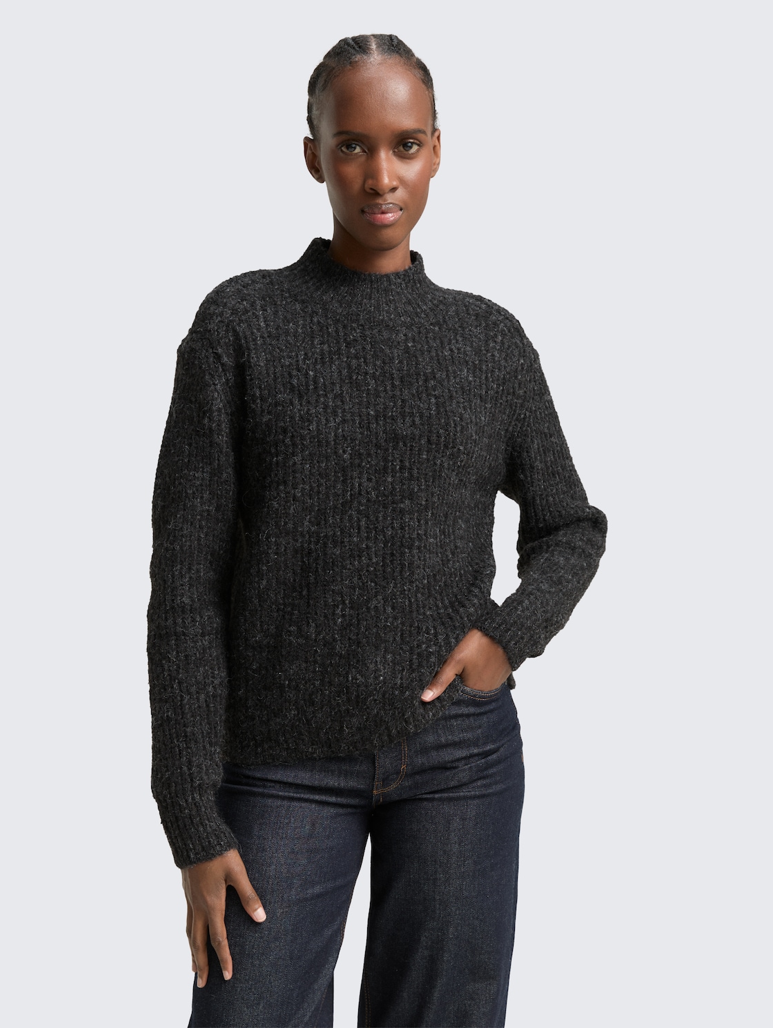 Thumbnail - TOM TAILOR DENIM Damen Relaxed Fit Strickpullover mit Stehkragen, grau, Meliert, Gr. S