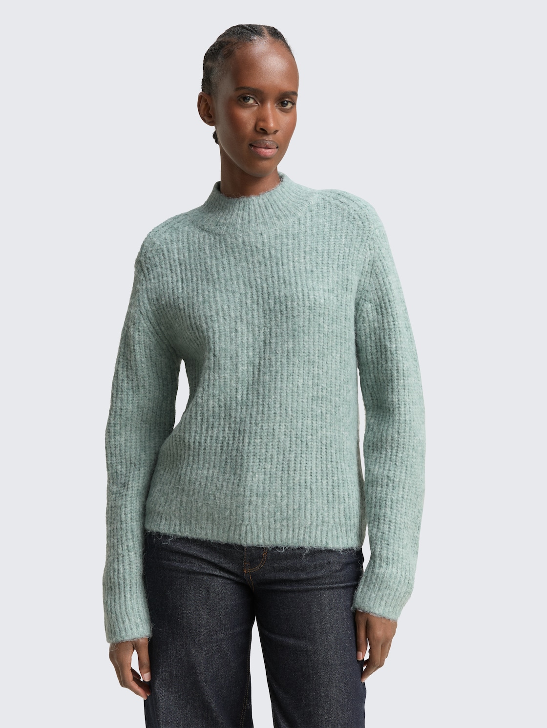 Thumbnail - TOM TAILOR DENIM Damen Relaxed Fit Strickpullover mit Stehkragen, blau, Meliert, Gr. XL