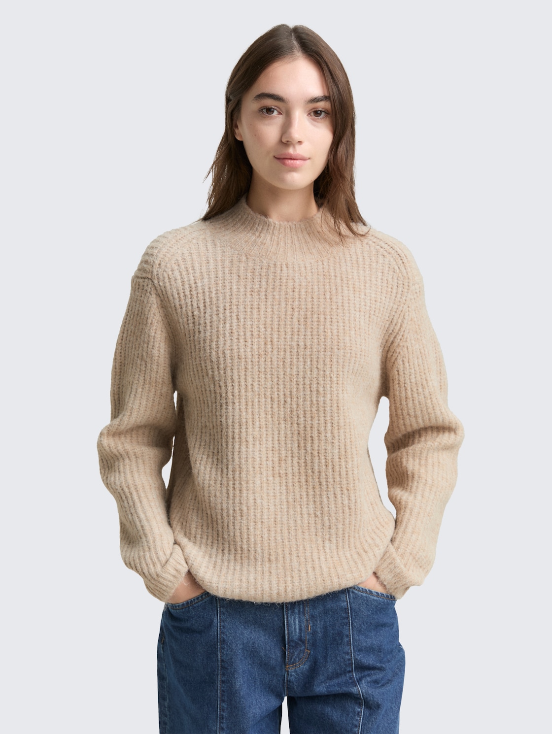 Thumbnail - TOM TAILOR DENIM Damen Relaxed Fit Strickpullover mit Stehkragen, beige, Meliert, Gr. XL