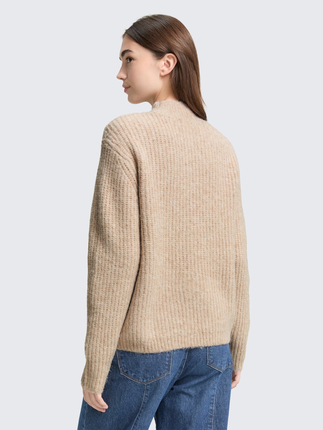 Thumbnail - TOM TAILOR DENIM Damen Relaxed Fit Strickpullover mit Stehkragen, beige, Meliert, Gr. XL