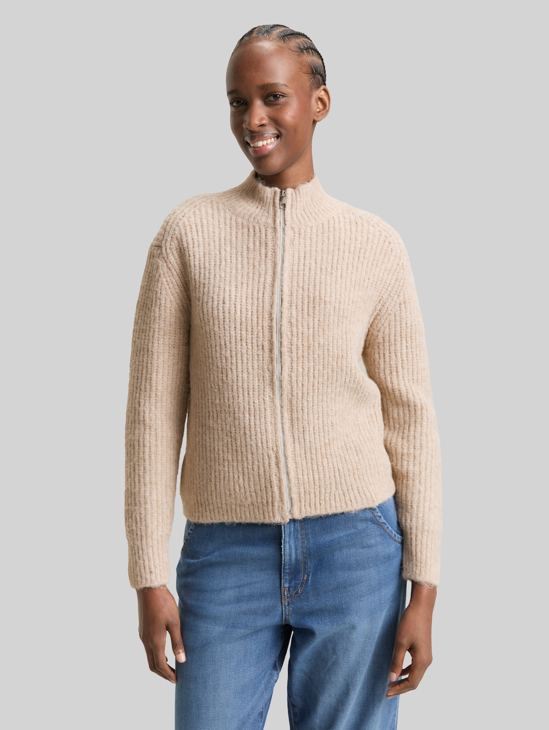  Tom Tailor Denim Damen Cardigan Mit Reißverschluss, Beige, Meliert, Gr. Xl 